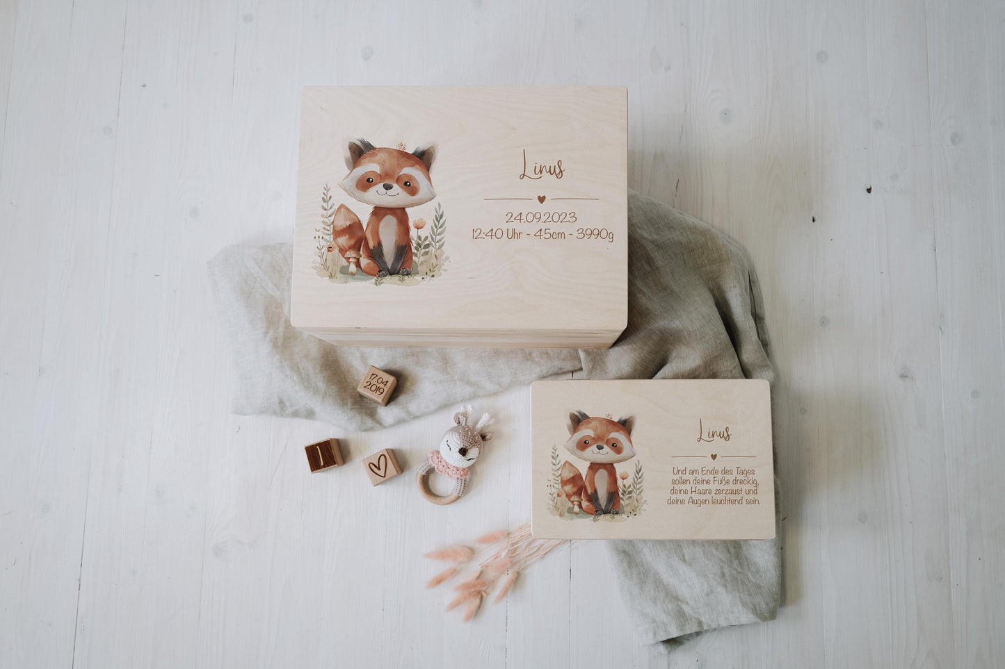 Baby Shower Gift Personalized - Memory Box Woodland Animal with Name, Baptism or Birth Gift Boy Girl, FSC Birch Wood Keepsake Box