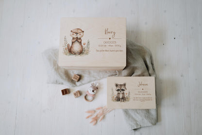 Baby Shower Gift Personalized - Memory Box Woodland Animal with Name, Baptism or Birth Gift Boy Girl, FSC Birch Wood Keepsake Box