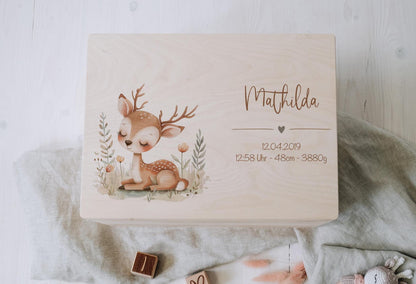 Baby Shower Gift Personalized - Memory Box Woodland Animal with Name, Baptism or Birth Gift Boy Girl, FSC Birch Wood Keepsake Box