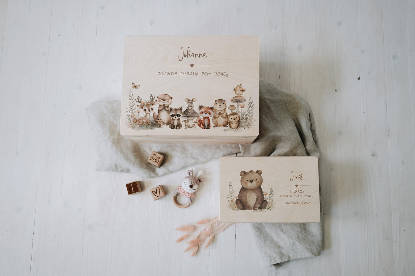 Baby Shower Gift Personalized - Memory Box with Bear, Name & Birth Date, Baptism or Christening Gift, FSC Birch Wood Keepsake Box