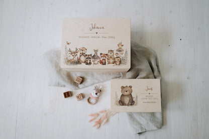 Baby Shower Gift Personalized - Memory Box with Bear, Name & Birth Date, Baptism or Christening Gift, FSC Birch Wood Keepsake Box