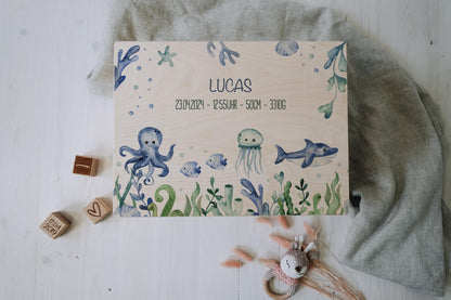 Baby Shower Gift Personalized - Memory Box with Ocean Animals, Birth or Baptism Gift, FSC Birch Wood Keepsake Box