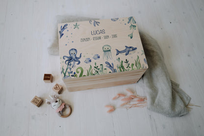 Baby Shower Gift Personalized - Memory Box with Ocean Animals, Birth or Baptism Gift, FSC Birch Wood Keepsake Box