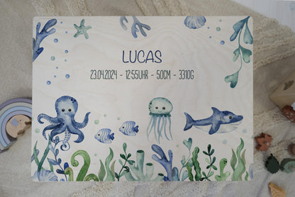 Baby Shower Gift Personalized - Memory Box with Ocean Animals, Birth or Baptism Gift, FSC Birch Wood Keepsake Box