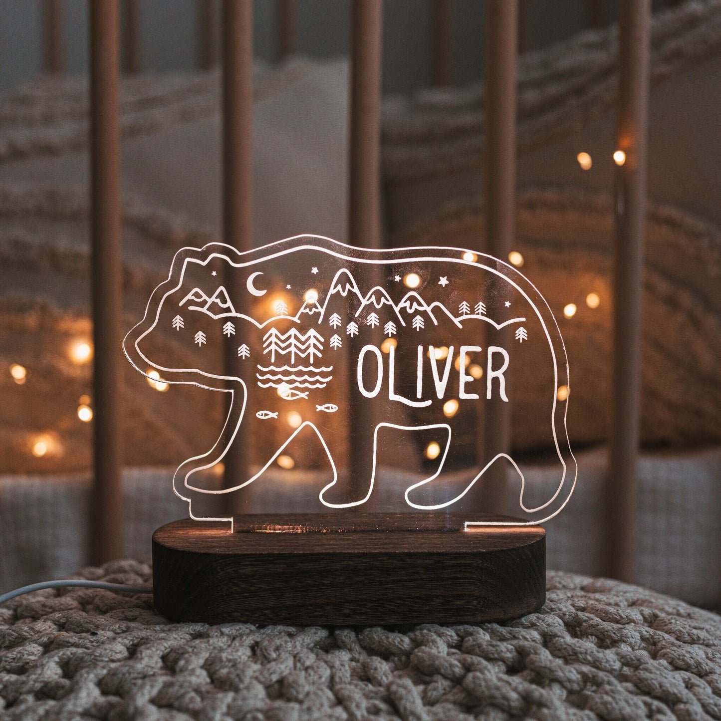 Boho Forest Bear LED Light Personalized - Nursery Decor - Christmas Gifts For Grandson
