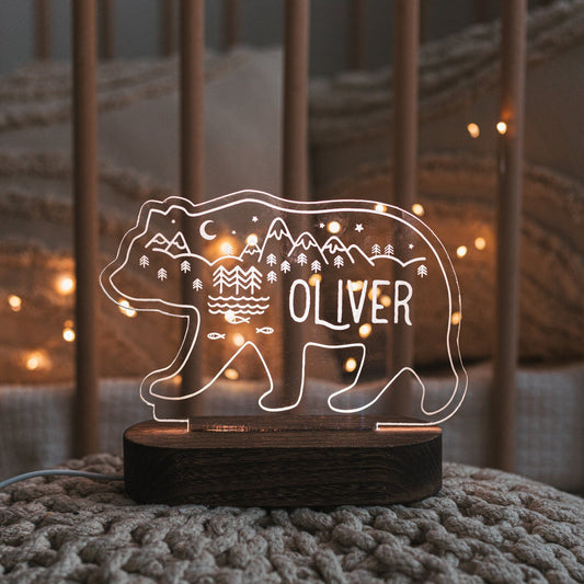 Boho Forest Bear LED Light Personalized - Nursery Decor - Christmas Gifts For Grandson