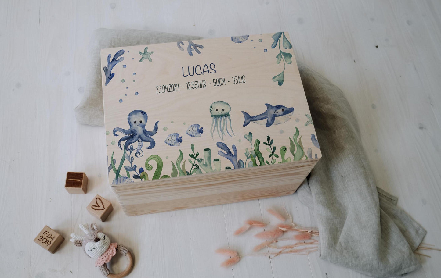 Baptism Gift Personalized - Baby Memory Box Wooden with Name, Newborn Gift Boy or Girl, Ocean Theme FSC Birch, Baby Shower Gift