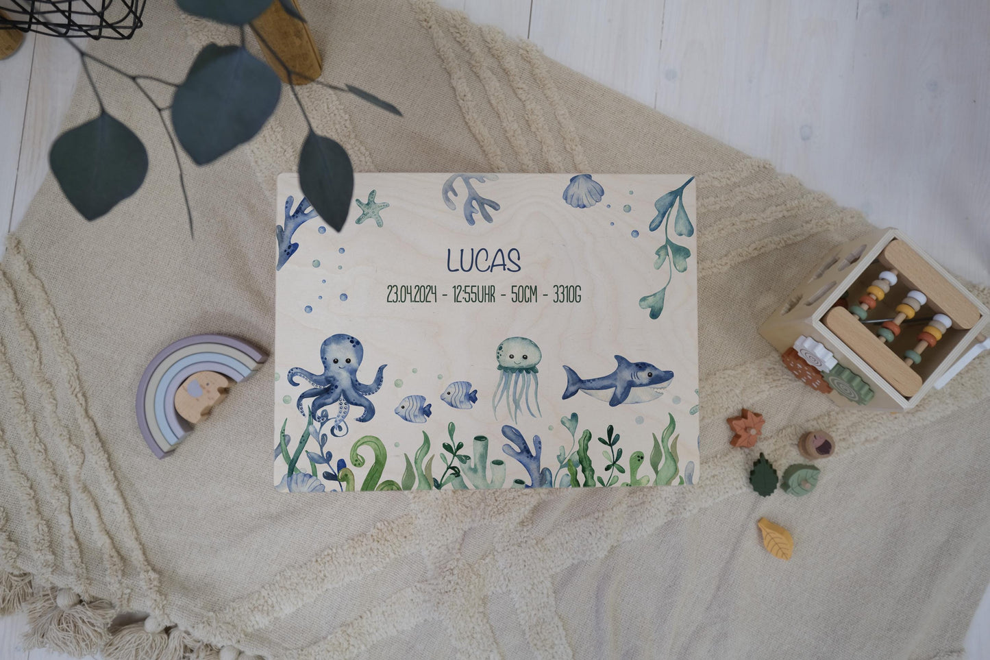 Baptism Gift Personalized - Baby Memory Box Wooden with Name, Newborn Gift Boy or Girl, Ocean Theme FSC Birch, Baby Shower Gift