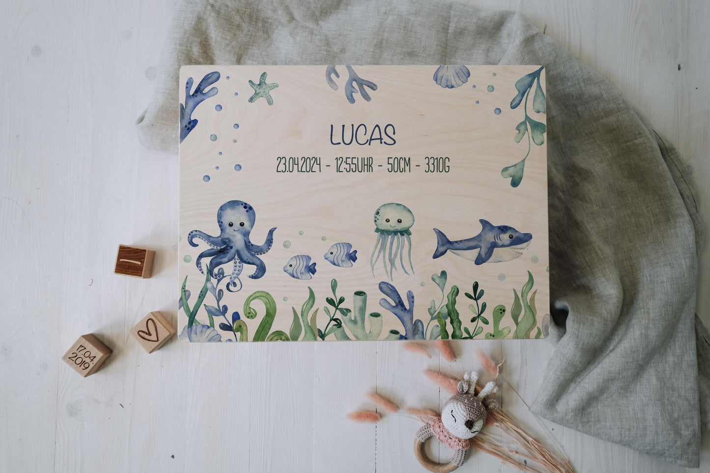 Baptism Gift Personalized - Baby Memory Box Wooden with Name, Newborn Gift Boy or Girl, Ocean Theme FSC Birch, Baby Shower Gift