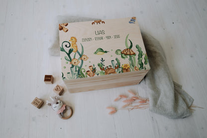 Baby Shower Gift Personalized - Memory Box Sea Animals FSC Birch Wood, Baptism or Birth Gift Boy Girl, Keepsake Box with Name