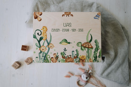 Baby Shower Gift Personalized - Memory Box Sea Animals FSC Birch Wood, Baptism or Birth Gift Boy Girl, Keepsake Box with Name