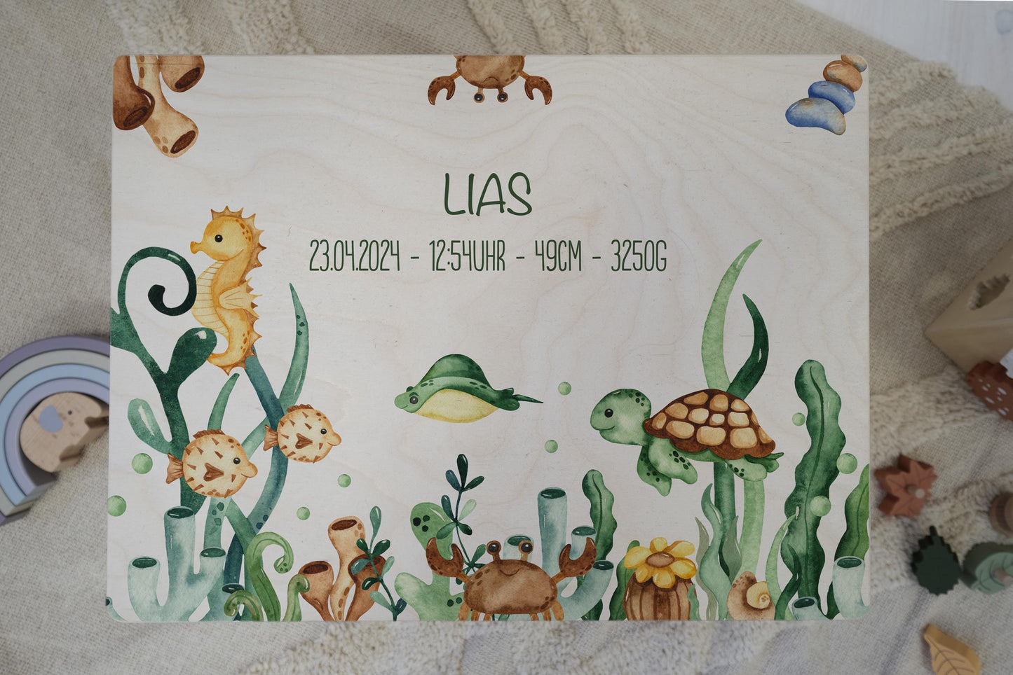 Baby Shower Gift Personalized - Memory Box Sea Animals FSC Birch Wood, Baptism or Birth Gift Boy Girl, Keepsake Box with Name
