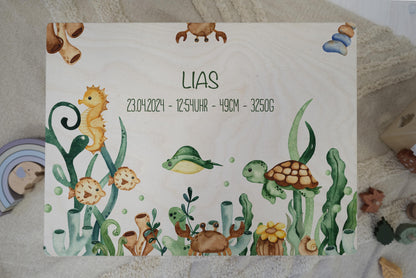 Baby Shower Gift Personalized - Memory Box Sea Animals FSC Birch Wood, Baptism or Birth Gift Boy Girl, Keepsake Box with Name