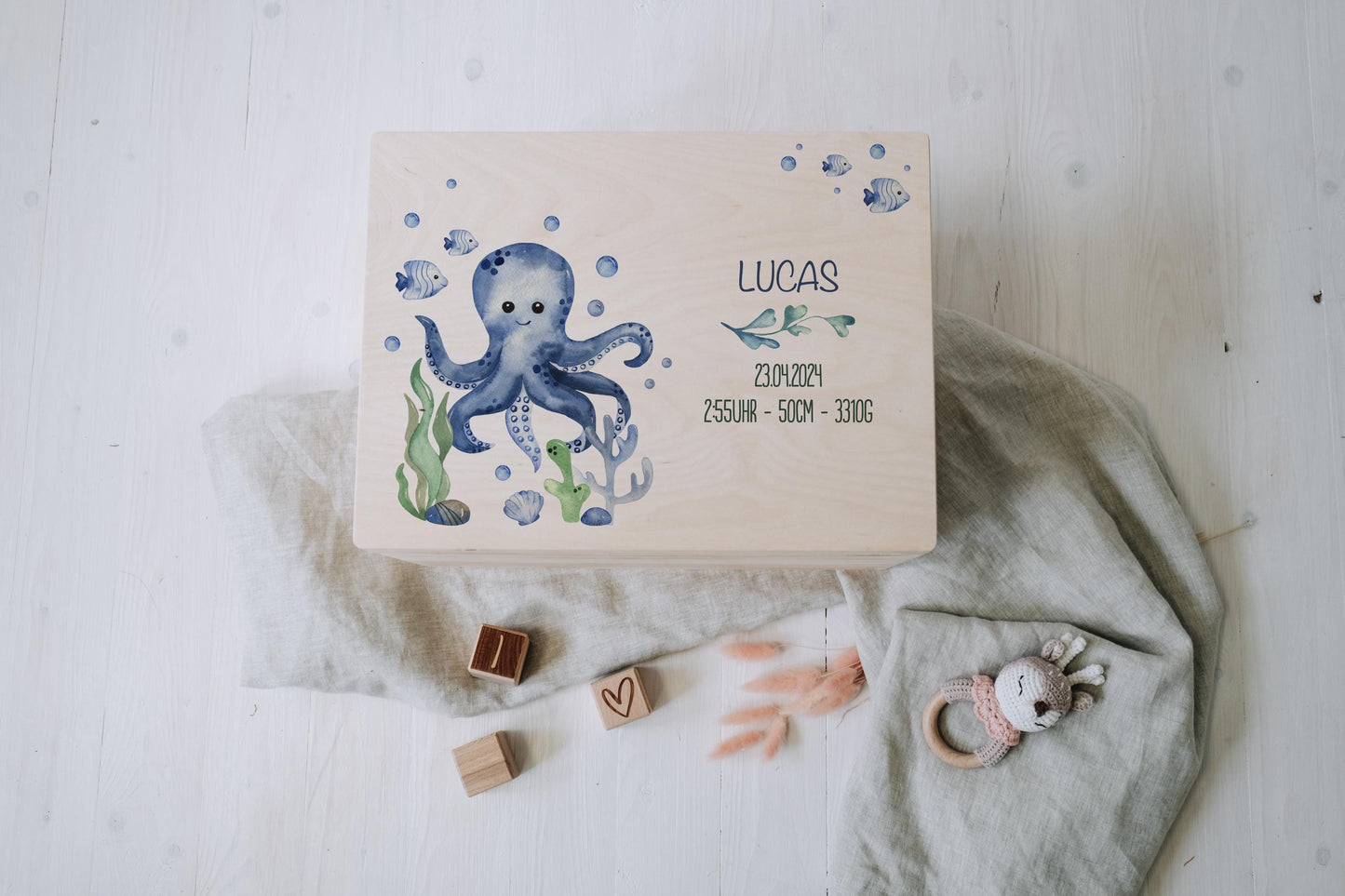 Baby Shower Gift Personalized - Memory Box Octopus with Name, Birth or Baptism Gift Boy, FSC Birch Wood Keepsake Box