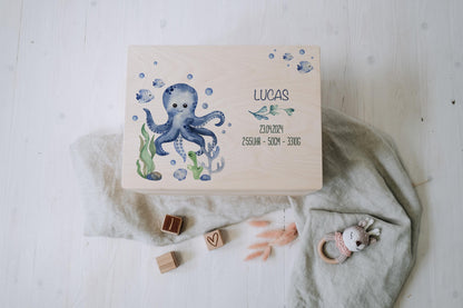 Baby Shower Gift Personalized - Memory Box Octopus with Name, Birth or Baptism Gift Boy, FSC Birch Wood Keepsake Box