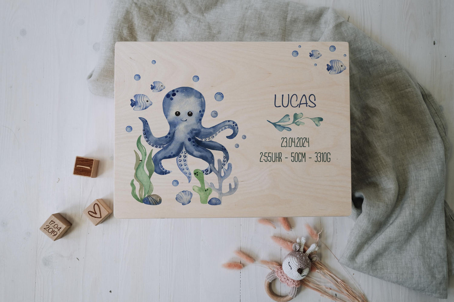 Baby Shower Gift Personalized - Memory Box Octopus with Name, Birth or Baptism Gift Boy, FSC Birch Wood Keepsake Box
