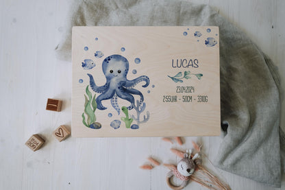 Baby Shower Gift Personalized - Memory Box Octopus with Name, Birth or Baptism Gift Boy, FSC Birch Wood Keepsake Box