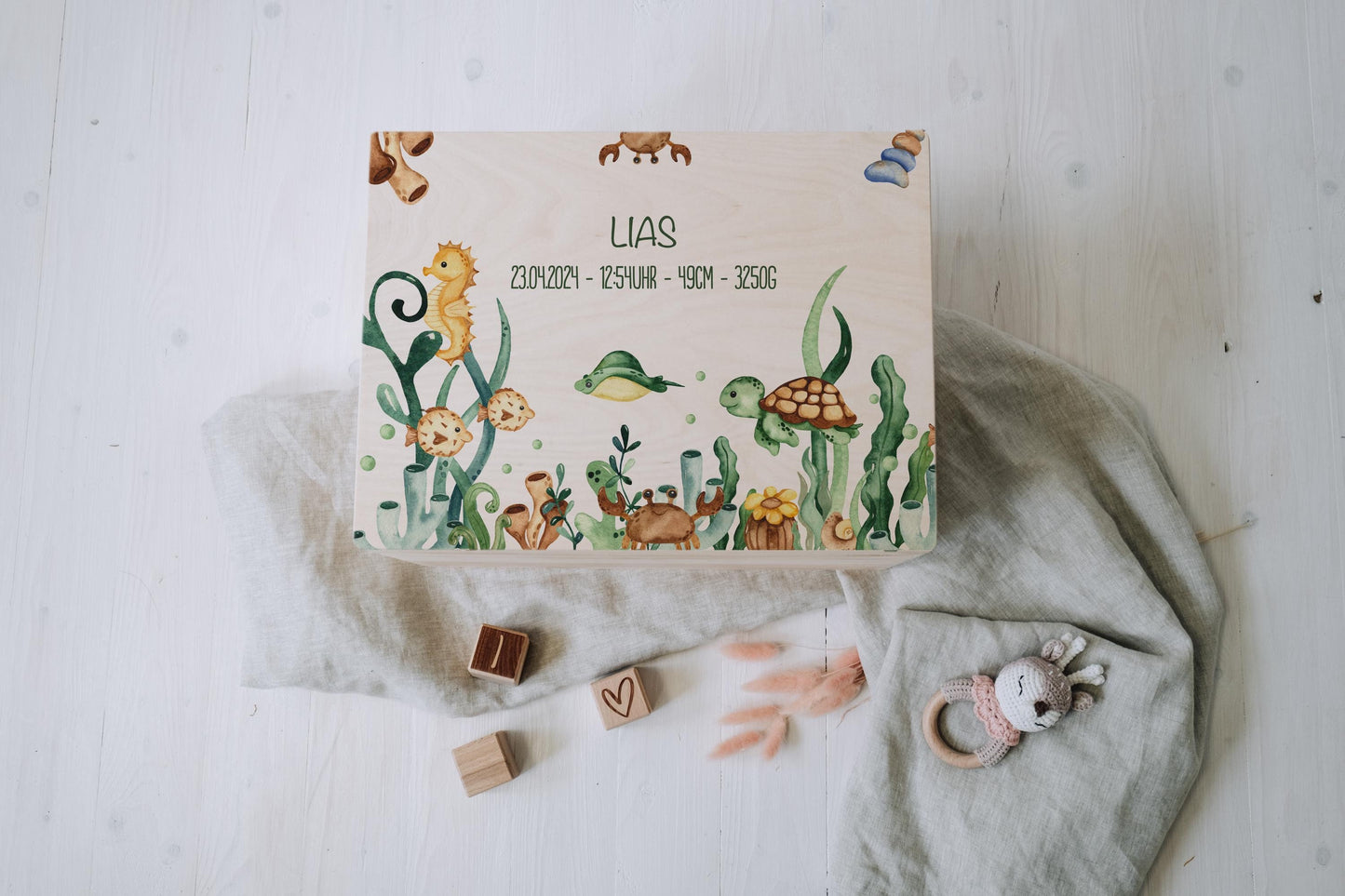 Baby Shower Gift Personalized - Memory Box Sea Animals FSC Birch Wood, Baptism or Birth Gift Boy Girl, Keepsake Box with Name