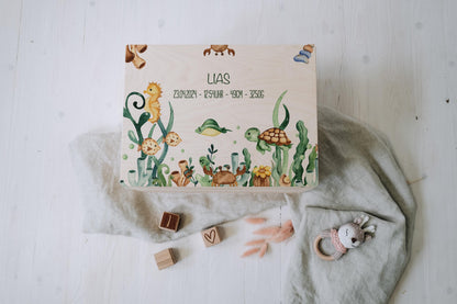 Baby Shower Gift Personalized - Memory Box Sea Animals FSC Birch Wood, Baptism or Birth Gift Boy Girl, Keepsake Box with Name