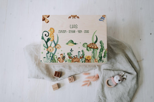 Baby Shower Gift Personalized - Memory Box Sea Animals FSC Birch Wood, Baptism or Birth Gift Boy Girl, Keepsake Box with Name