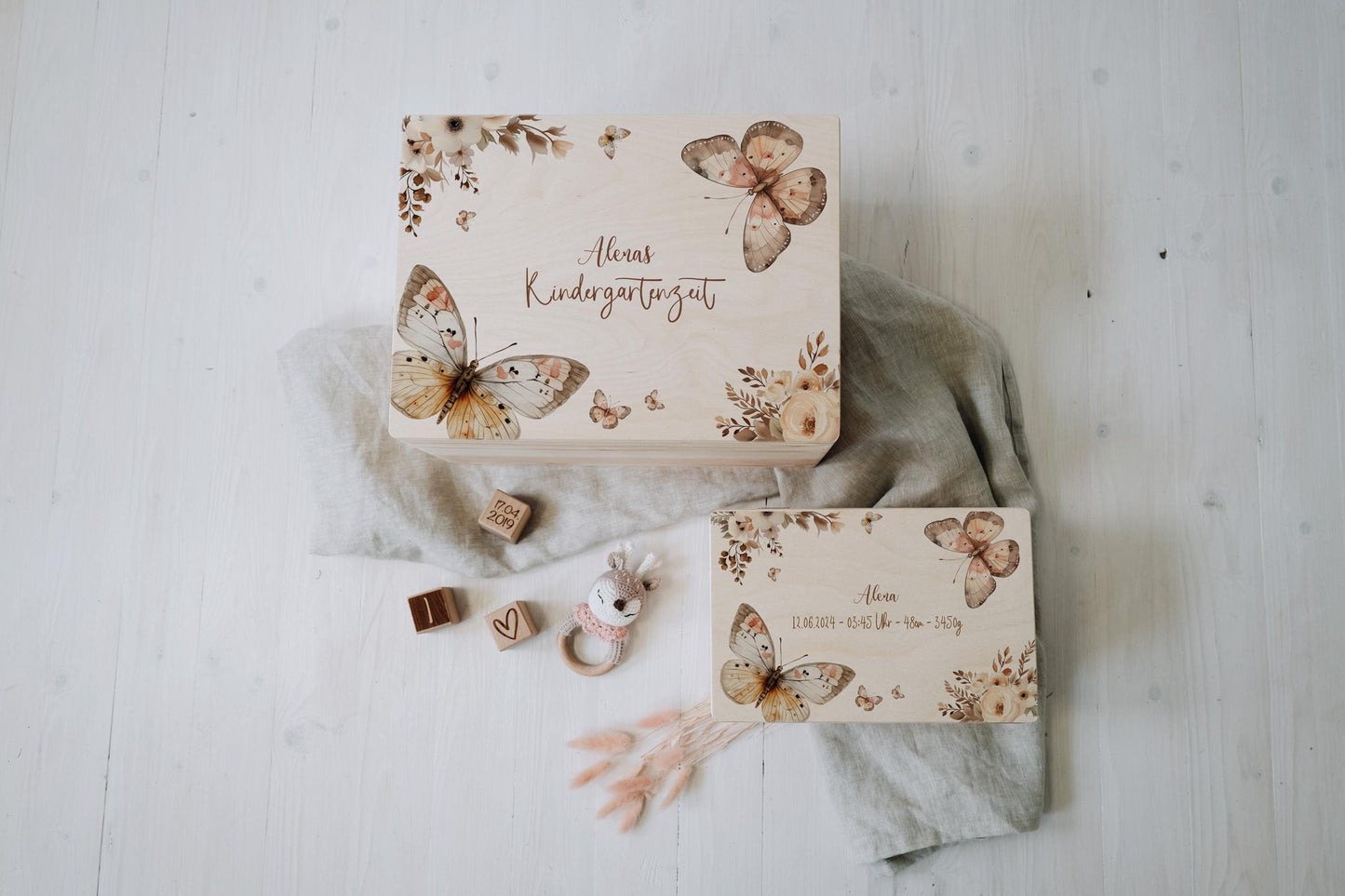 Baby Memory Box Personalized - Keepsake Box for Girl with Butterfly, Birth or Baptism Gift, FSC Birch Wood, 2 Sizes