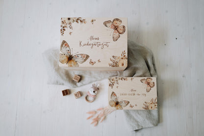 Baby Memory Box Personalized - Keepsake Box for Girl with Butterfly, Birth or Baptism Gift, FSC Birch Wood, 2 Sizes
