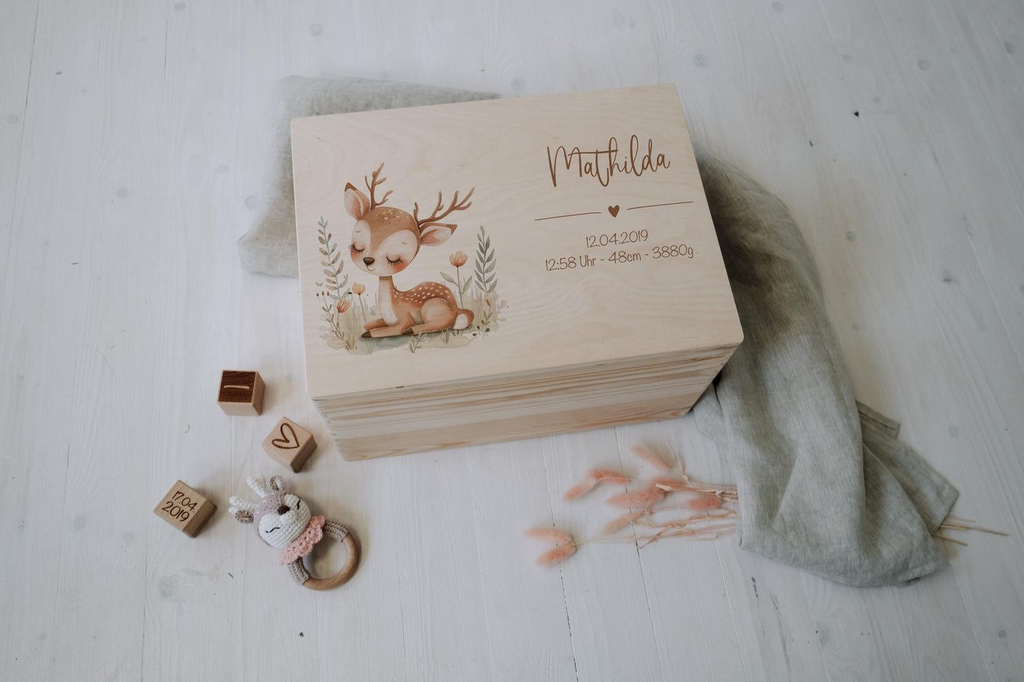 Baby Memory Box Personalized - Woodland Deer Keepsake Box with Name & Birth Date, Baptism or Baby Shower Gift, FSC Birch Wood 12x8 or 16x12