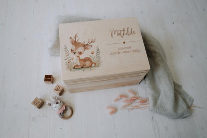 Baby Memory Box Personalized - Woodland Deer Keepsake Box with Name & Birth Date, Baptism or Baby Shower Gift, FSC Birch Wood 12x8 or 16x12
