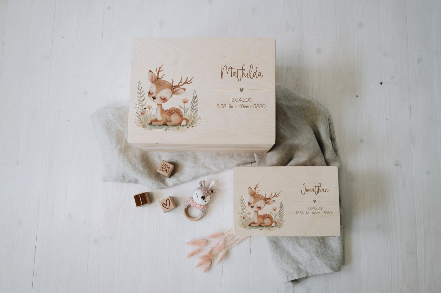 Baby Memory Box Personalized - Woodland Deer Keepsake Box with Name & Birth Date, Baptism or Baby Shower Gift, FSC Birch Wood 12x8 or 16x12