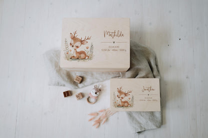 Baby Memory Box Personalized - Woodland Deer Keepsake Box with Name & Birth Date, Baptism or Baby Shower Gift, FSC Birch Wood 12x8 or 16x12
