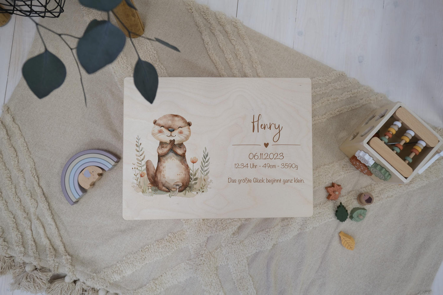 Baby Shower Gift Personalized - Memory Box Otter with Name, Birth or Baptism Gift Boy Girl, FSC Birch Wood Keepsake Box
