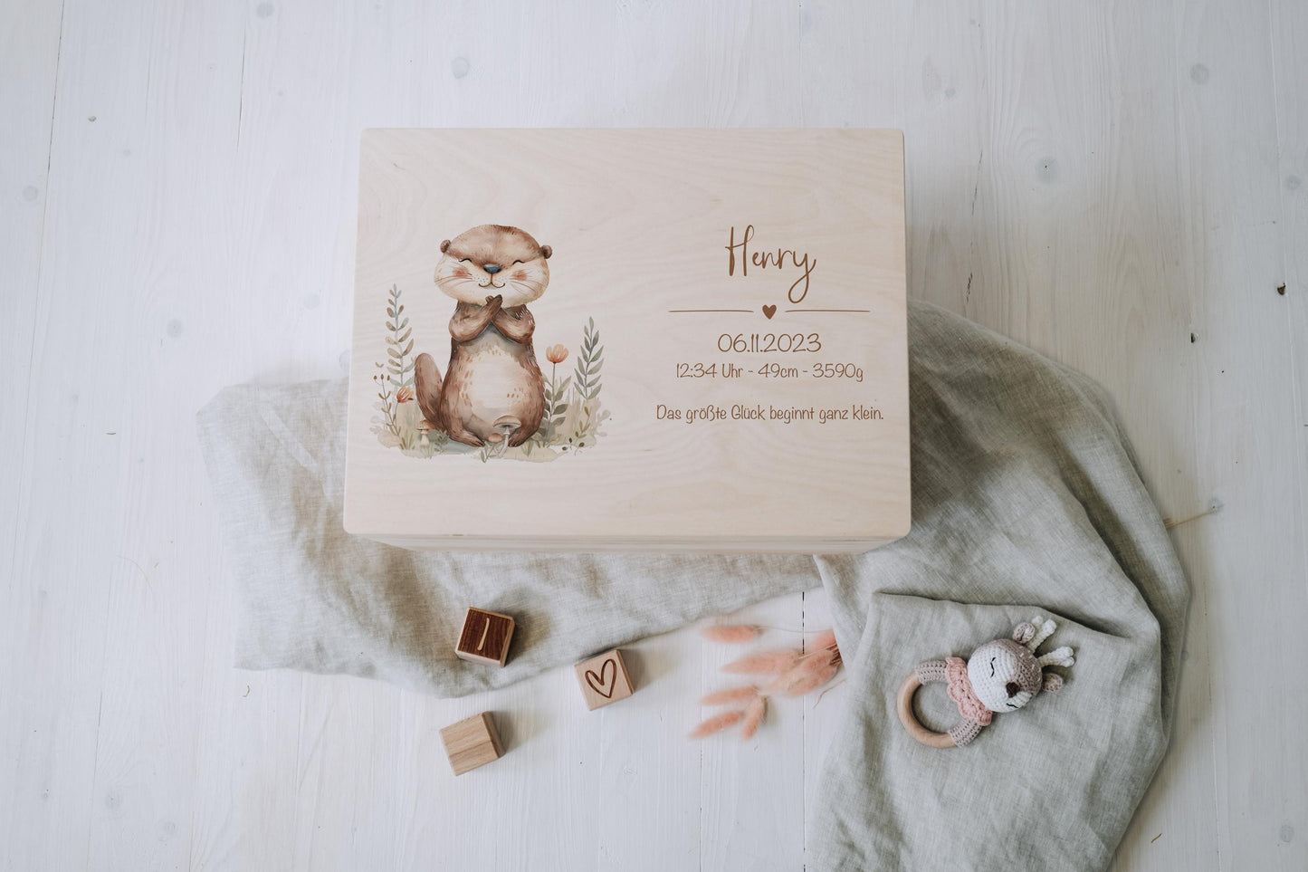 Baby Shower Gift Personalized - Memory Box Otter with Name, Birth or Baptism Gift Boy Girl, FSC Birch Wood Keepsake Box