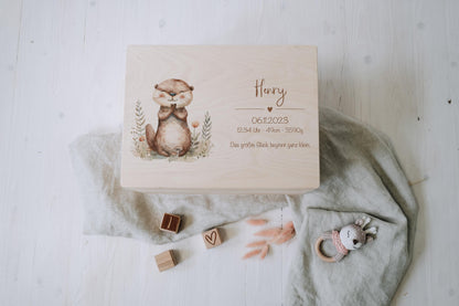 Baby Shower Gift Personalized - Memory Box Otter with Name, Birth or Baptism Gift Boy Girl, FSC Birch Wood Keepsake Box