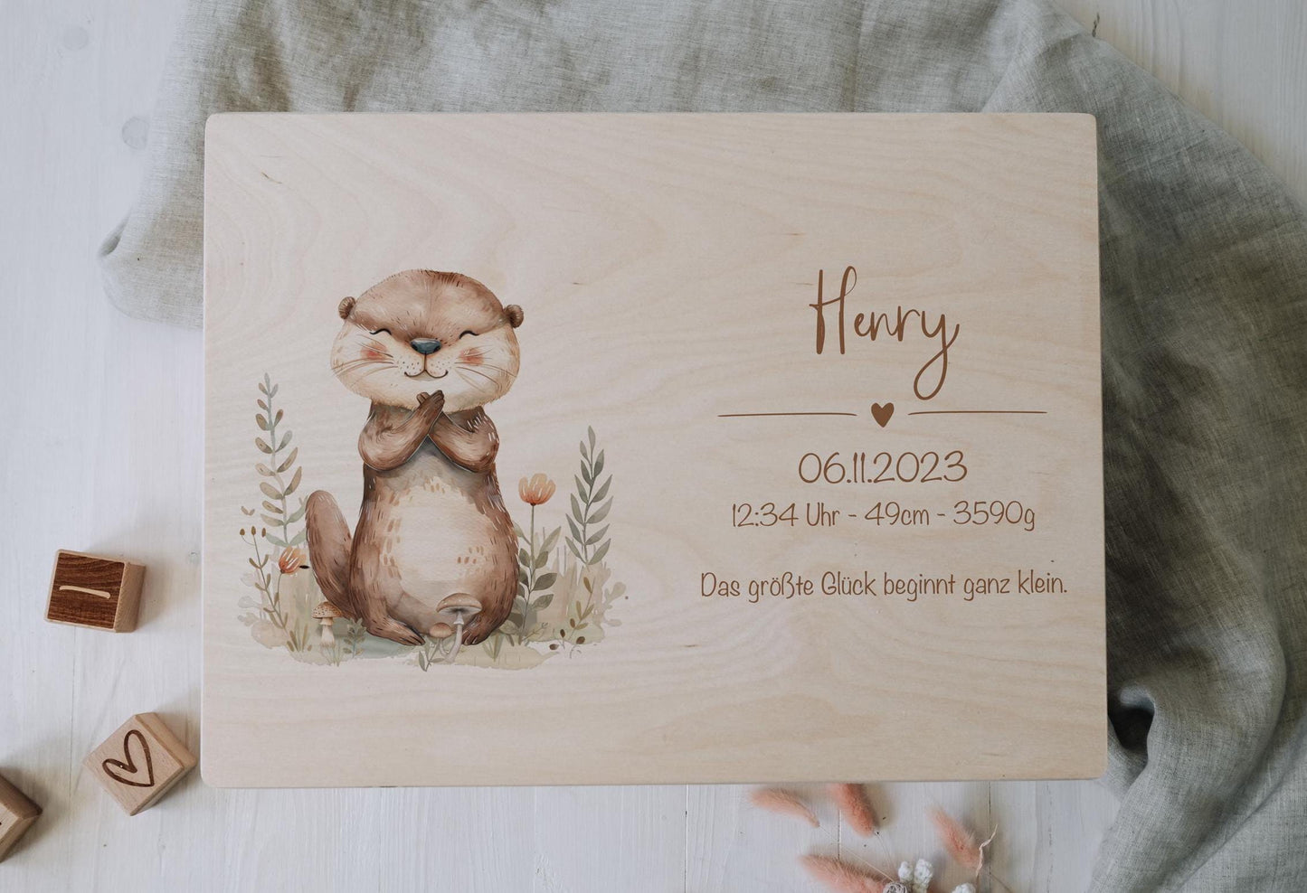 Baby Shower Gift Personalized - Memory Box Otter with Name, Birth or Baptism Gift Boy Girl, FSC Birch Wood Keepsake Box