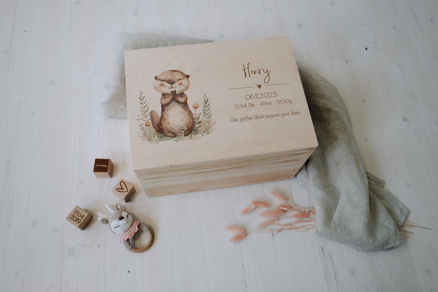 Baby Shower Gift Personalized - Memory Box Otter with Name, Birth or Baptism Gift Boy Girl, FSC Birch Wood Keepsake Box