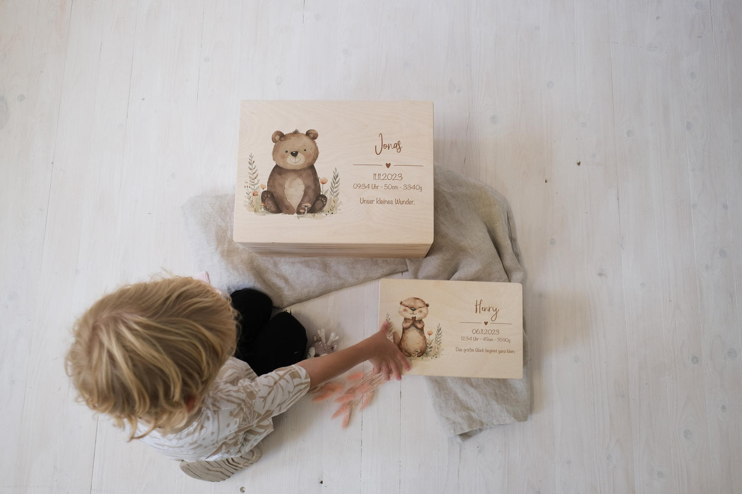 Baby Shower Gift Personalized - Memory Box Woodland Animal with Name, Baptism or Birth Gift Boy Girl, FSC Birch Wood Keepsake Box