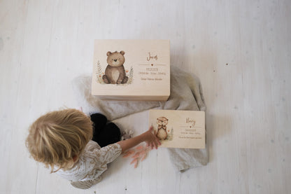 Baby Shower Gift Personalized - Memory Box Woodland Animal with Name, Baptism or Birth Gift Boy Girl, FSC Birch Wood Keepsake Box
