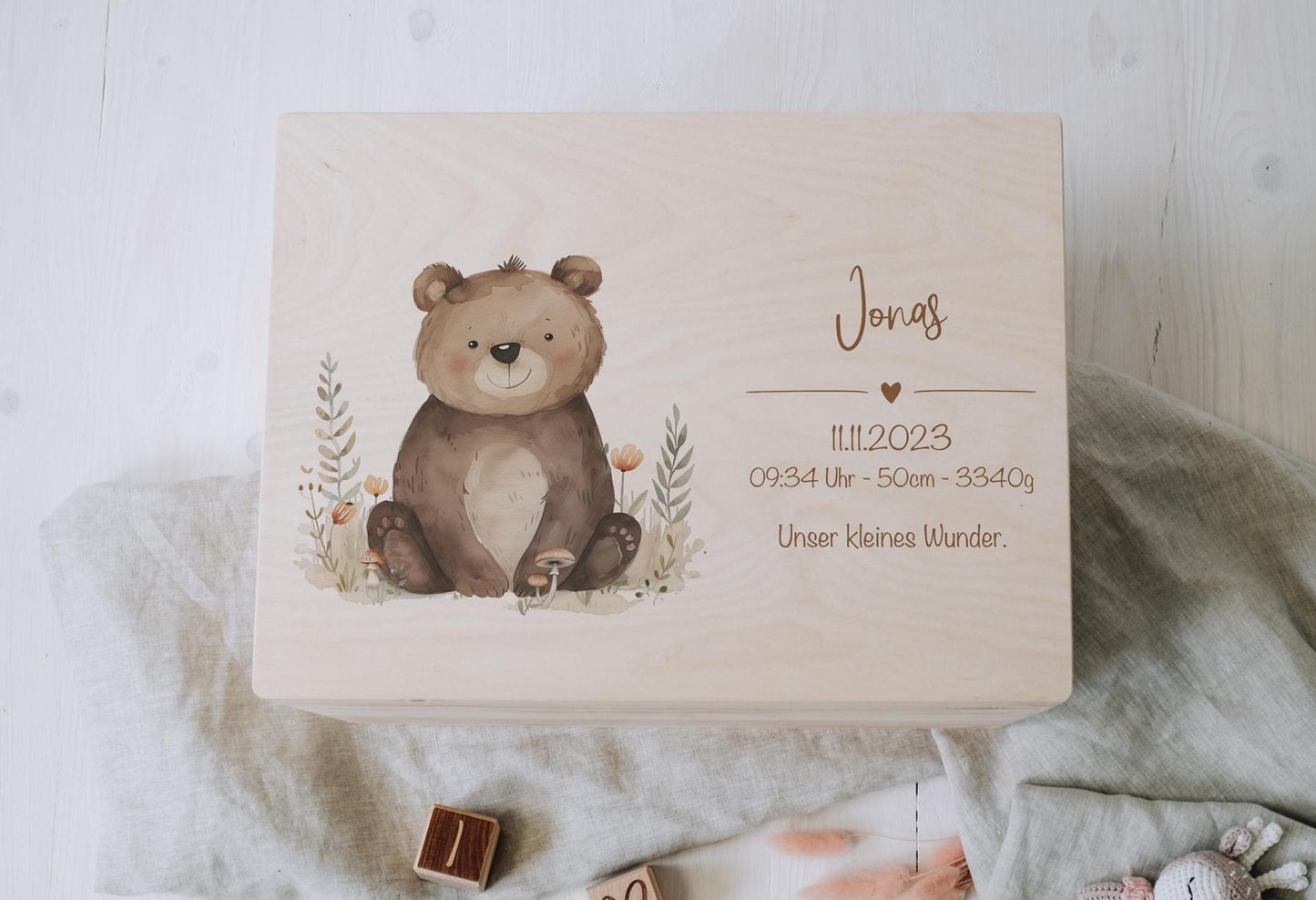 Baby Shower Gift Personalized - Memory Box Woodland Animal with Name, Baptism or Birth Gift Boy Girl, FSC Birch Wood Keepsake Box