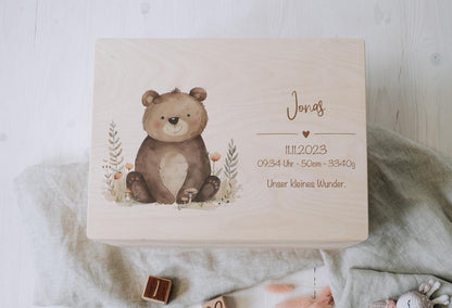 Baby Shower Gift Personalized - Memory Box Woodland Animal with Name, Baptism or Birth Gift Boy Girl, FSC Birch Wood Keepsake Box