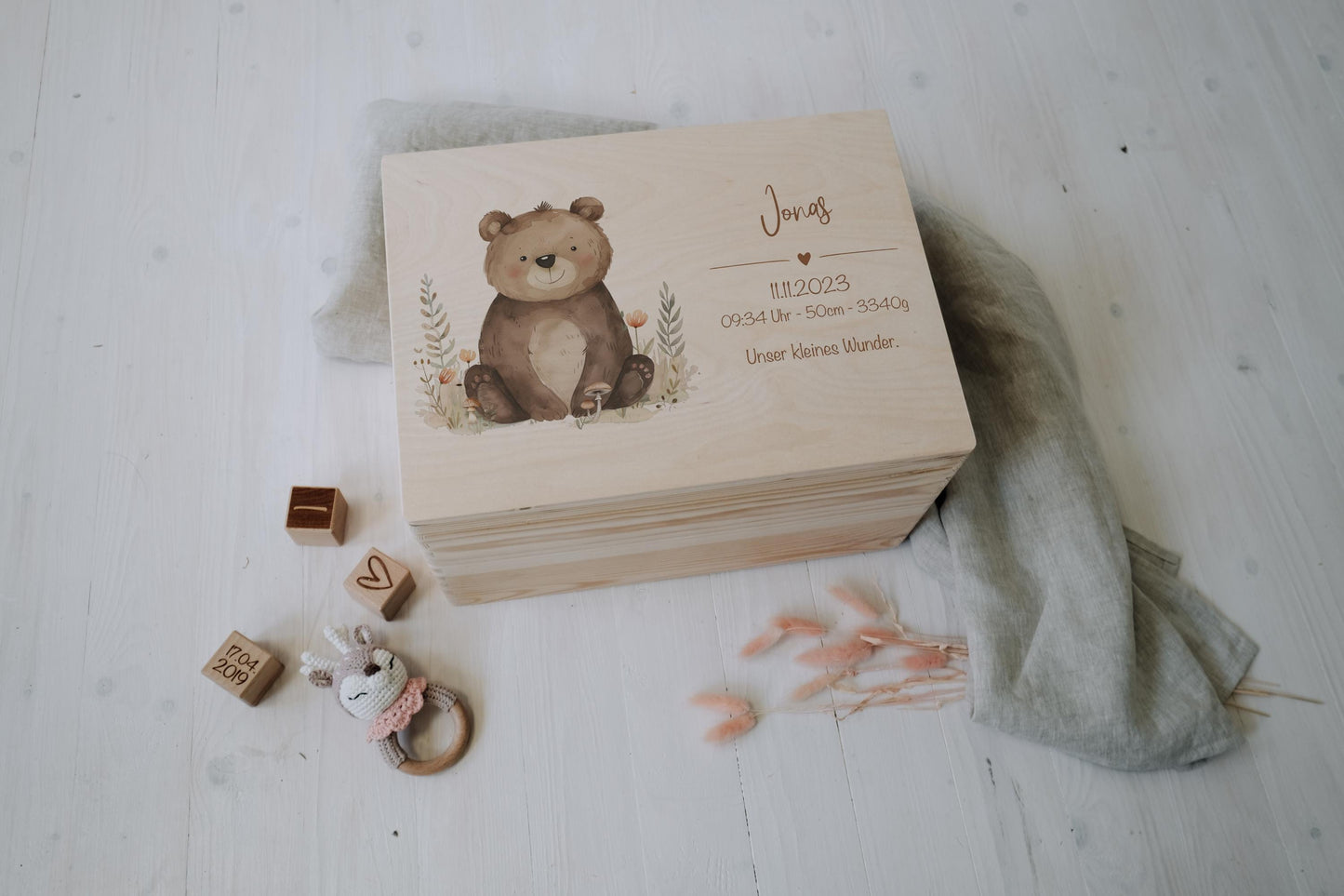 Baby Shower Gift Personalized - Memory Box with Bear, Name & Birth Date, Baptism or Christening Gift, FSC Birch Wood Keepsake Box