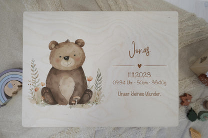 Baby Shower Gift Personalized - Memory Box with Bear, Name & Birth Date, Baptism or Christening Gift, FSC Birch Wood Keepsake Box