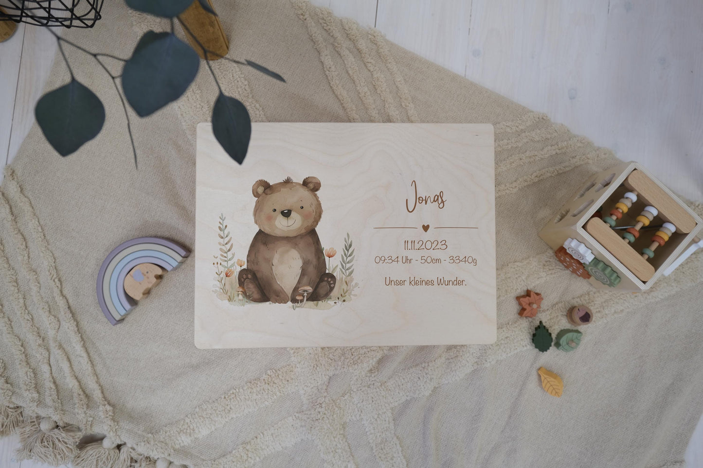 Baby Shower Gift Personalized - Memory Box with Bear, Name & Birth Date, Baptism or Christening Gift, FSC Birch Wood Keepsake Box