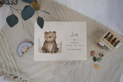 Baby Shower Gift Personalized - Memory Box with Bear, Name & Birth Date, Baptism or Christening Gift, FSC Birch Wood Keepsake Box