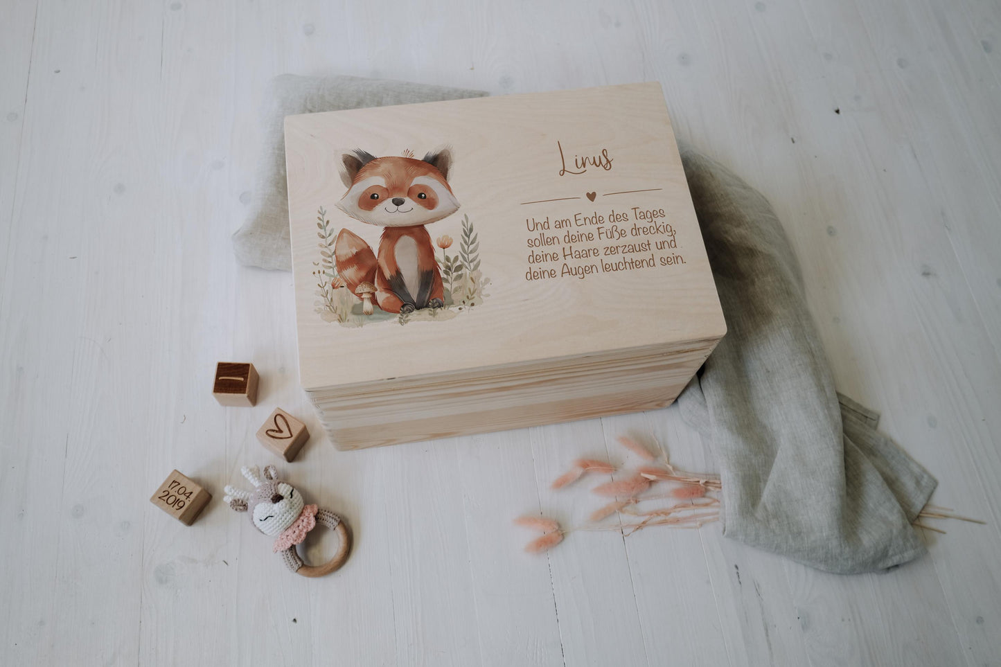 Baby Shower Gift Personalized - Memory Box Red Panda with Name, Birth or Baptism Gift Newborn Boy Girl, FSC Birch Wood Keepsake Box 2 Sizes