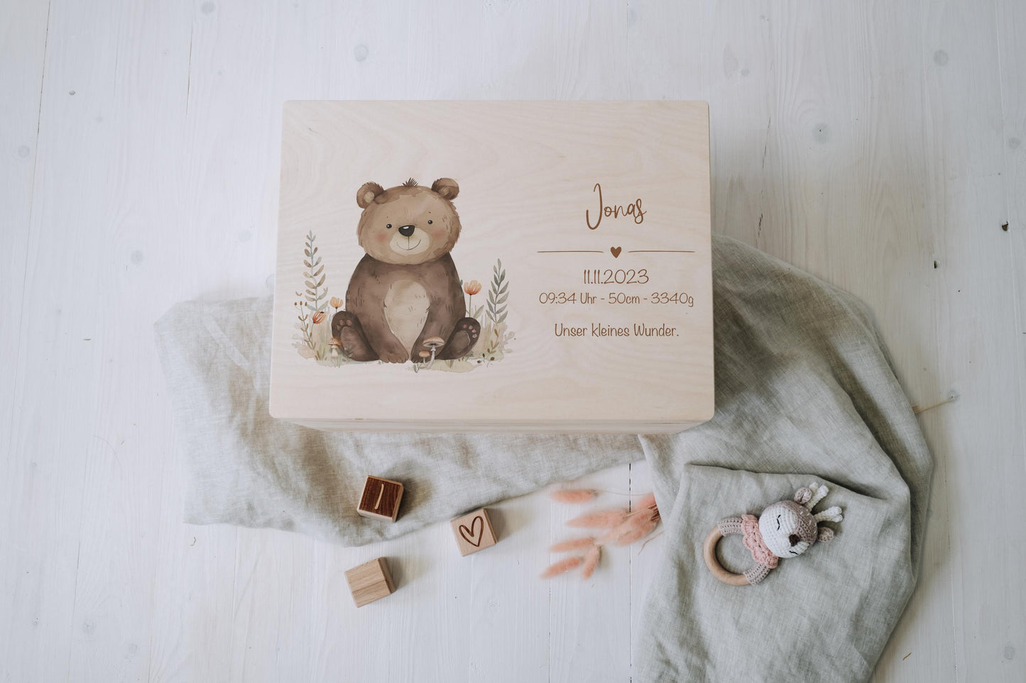Baby Shower Gift Personalized - Memory Box with Bear, Name & Birth Date, Baptism or Christening Gift, FSC Birch Wood Keepsake Box