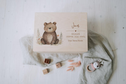 Baby Shower Gift Personalized - Memory Box with Bear, Name & Birth Date, Baptism or Christening Gift, FSC Birch Wood Keepsake Box