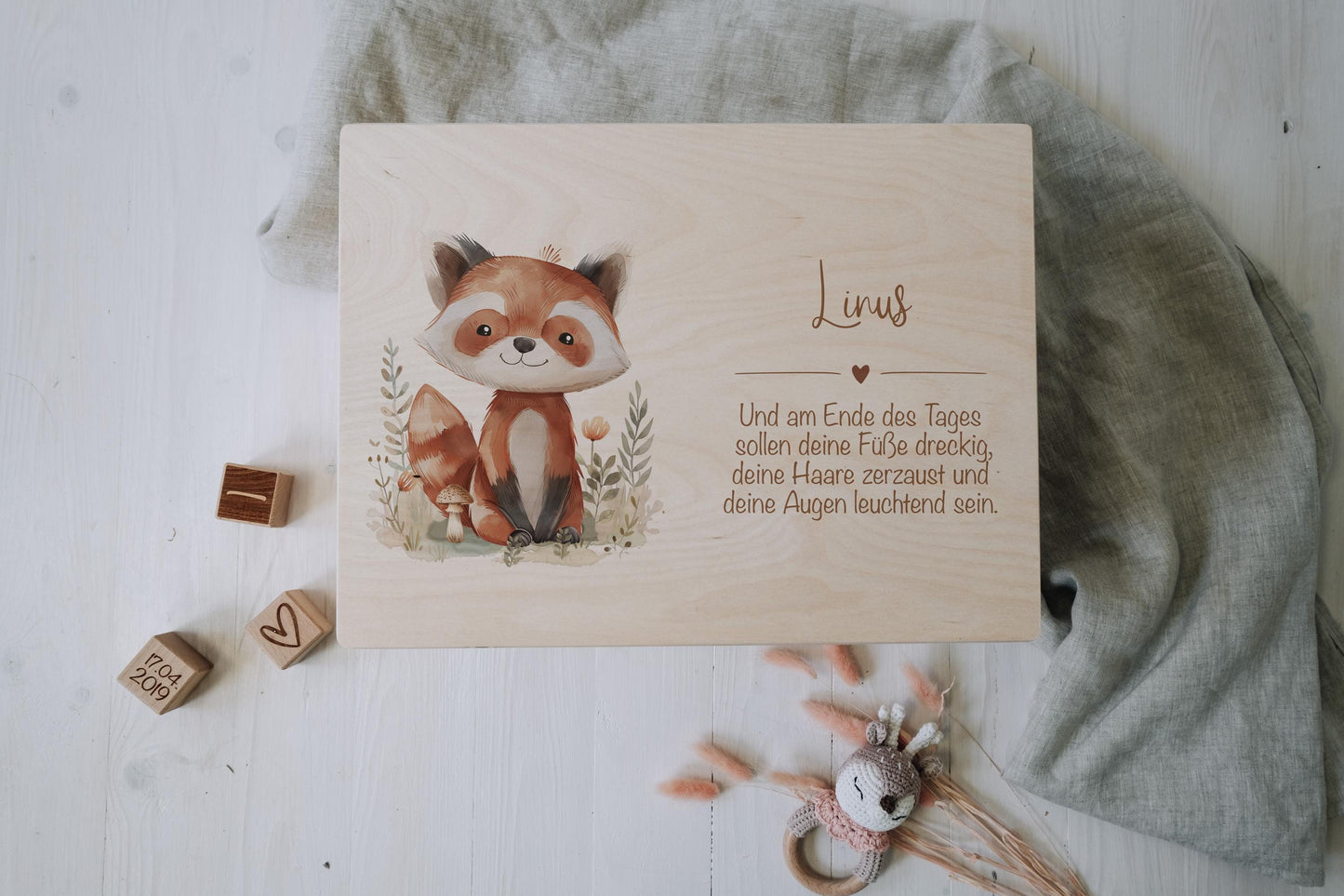 Baby Shower Gift Personalized - Memory Box Red Panda with Name, Birth or Baptism Gift Newborn Boy Girl, FSC Birch Wood Keepsake Box 2 Sizes