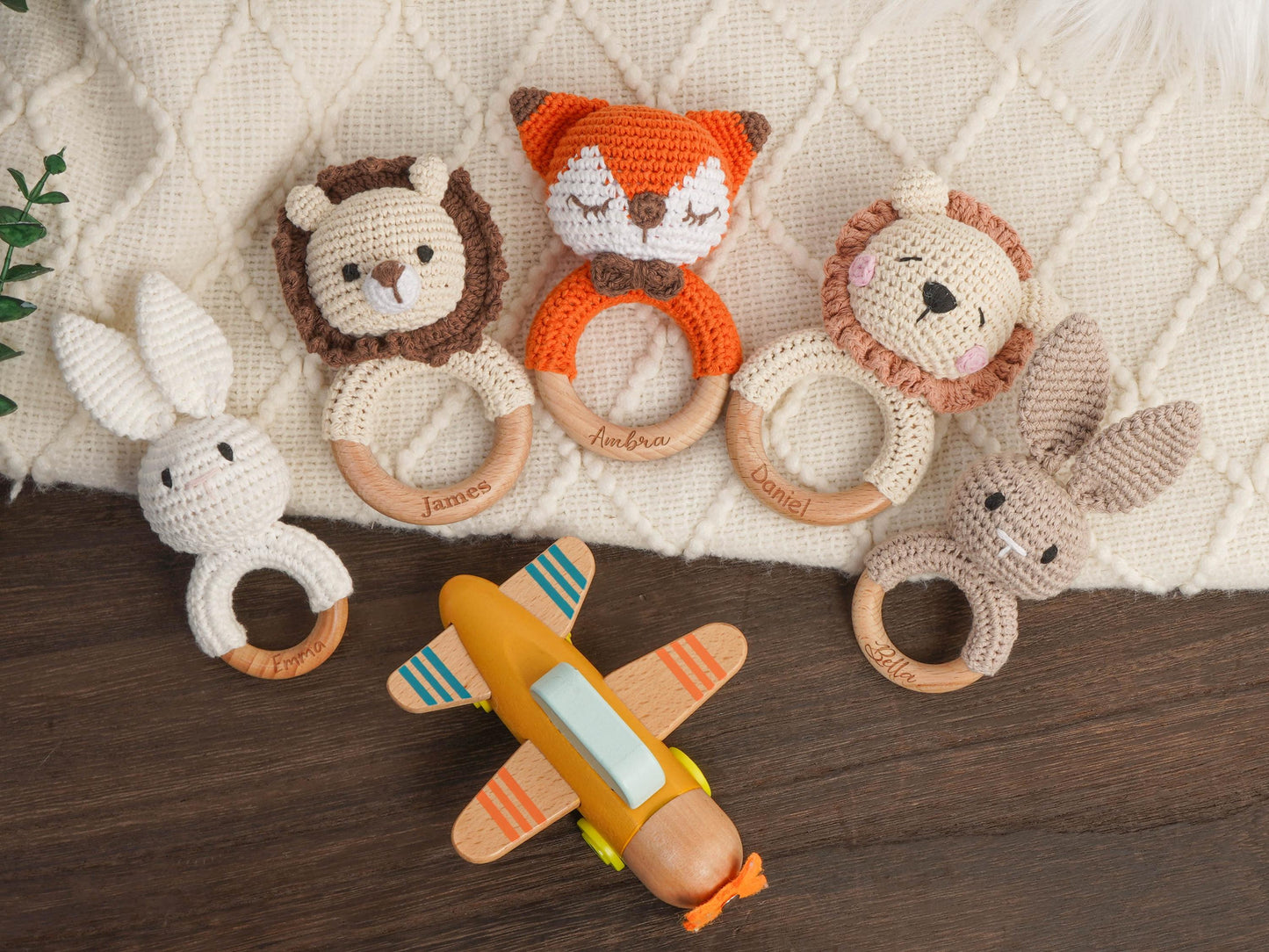 Custom Engraved Wooden baby Rattle With Name, Personalized Animal Crochet Rattle, Handmade Crochet baby Rattle, Baby Shower & Newborn Gift
