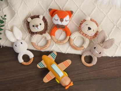 Custom Engraved Wooden baby Rattle With Name, Personalized Animal Crochet Rattle, Handmade Crochet baby Rattle, Baby Shower & Newborn Gift