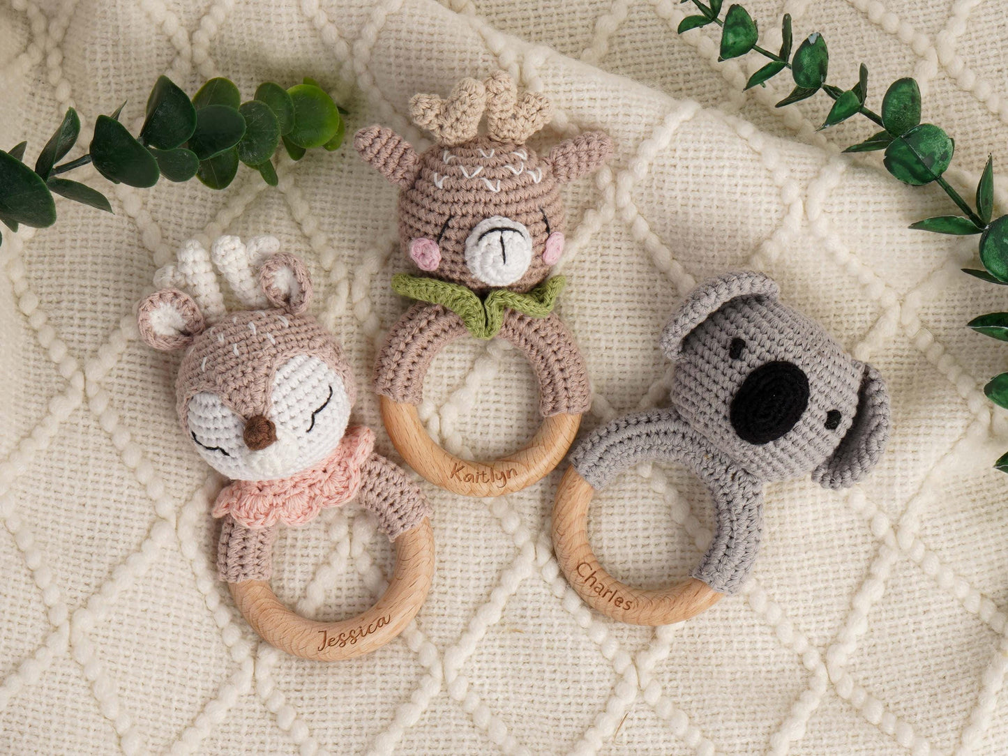Custom Engraved Wooden baby Rattle With Name, Personalized Animal Crochet Rattle, Handmade Crochet baby Rattle, Baby Shower & Newborn Gift